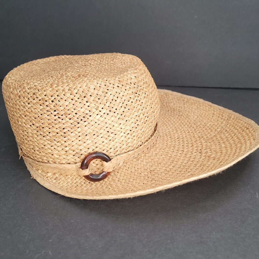 VTG Crazy Horse Liz Claiborne Woven Straw Sun Hat Wide Brim Beaded Accent OS